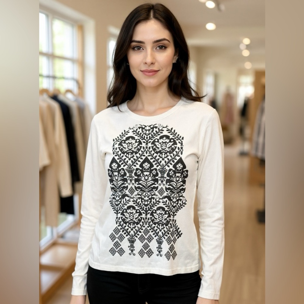 Cream Long Sleeve Shirt with Black Pattern